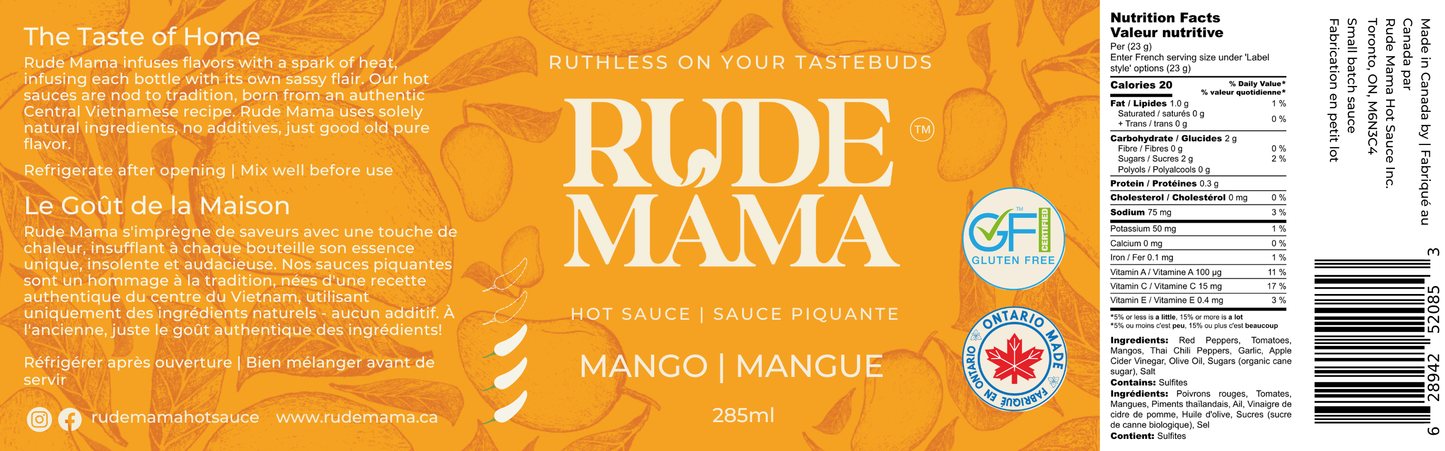 Rude Mama hot sauce label with branding and product details.