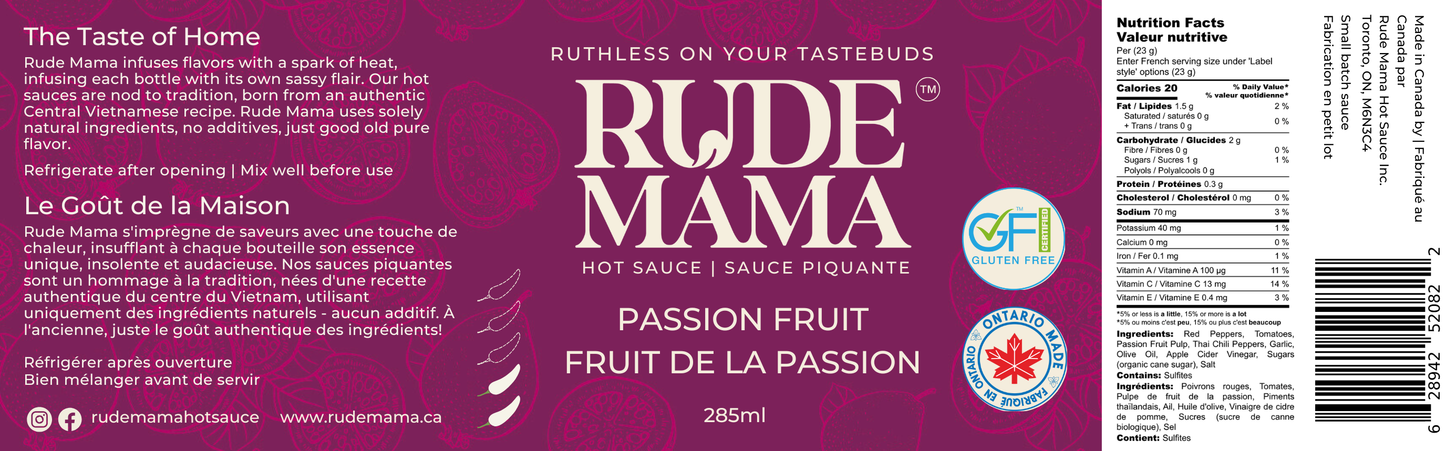 Rude Mama hot sauce label with brand name and product details on a purple background