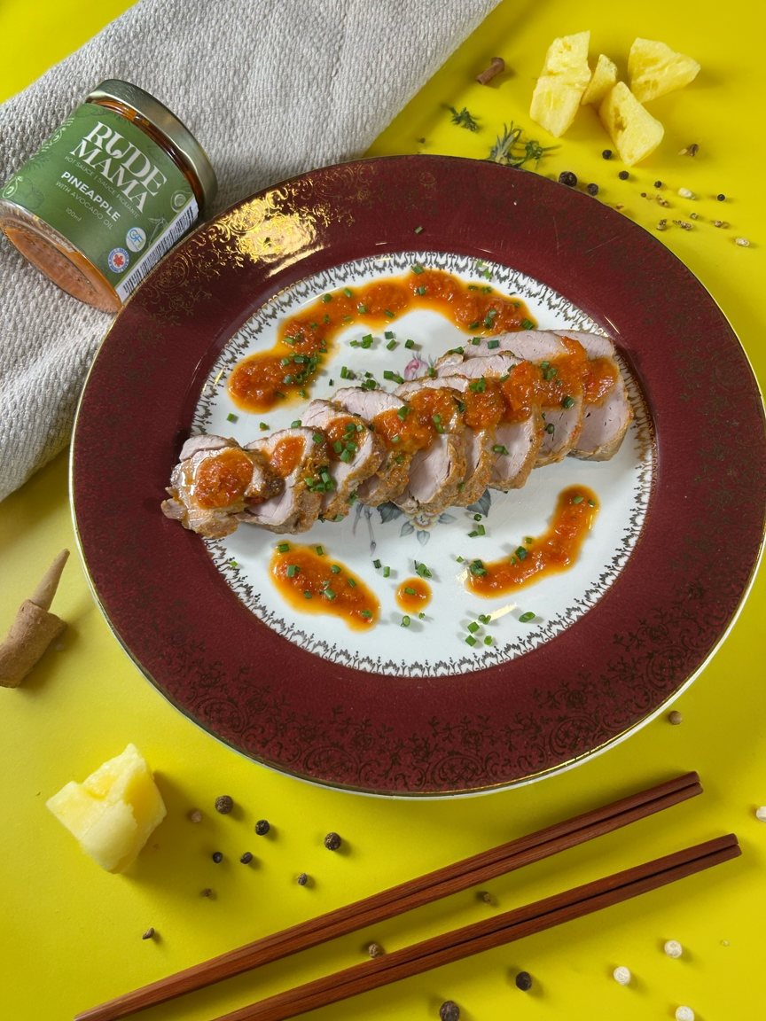 Maple Glazed Pork Tenderloin with Rude Mama Pineapple Hot Sauce
