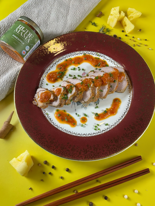 Maple Glazed Pork Tenderloin with Rude Mama Pineapple Hot Sauce