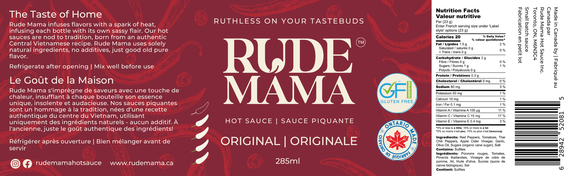 Rude Mama hot sauce label with branding and product details.