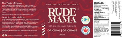 Rude Mama hot sauce label with branding and product details.