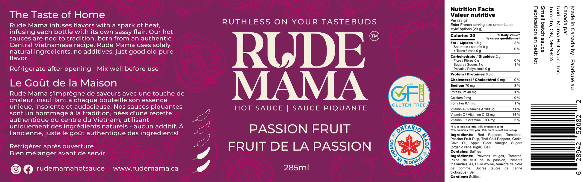Rude Mama hot sauce label with brand name and product details on a purple background