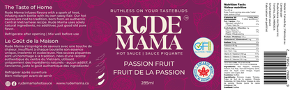 Rude Mama hot sauce label with brand name and product details on a purple background