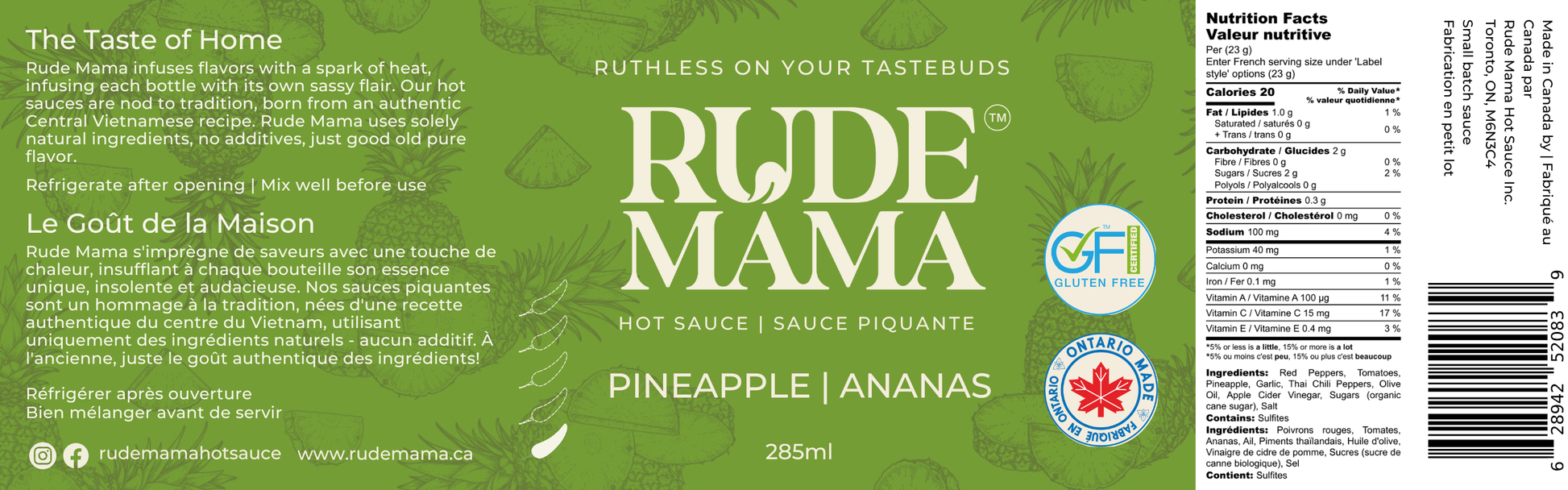 Rude Mama hot sauce label with green background and branding elements.
