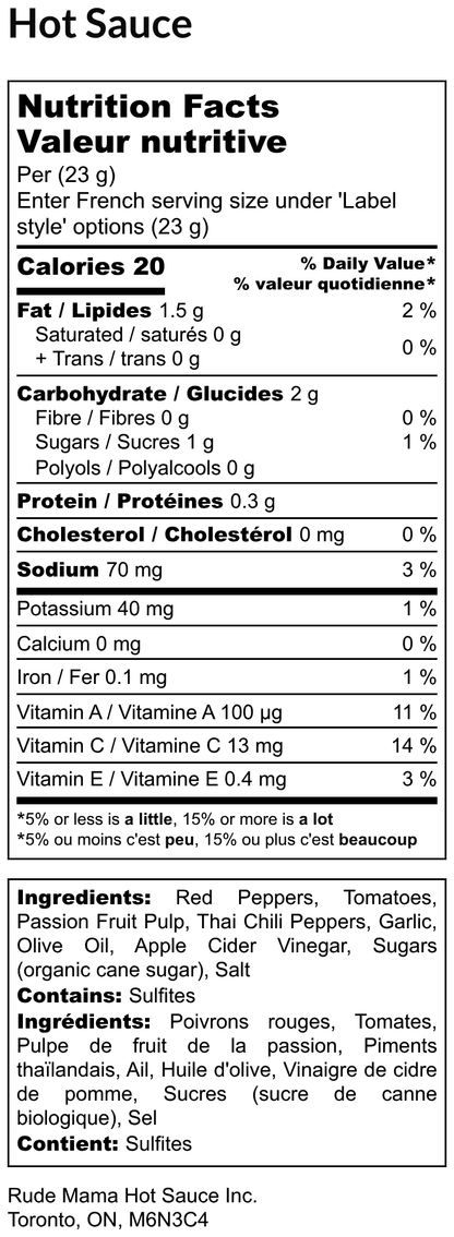 Nutrition facts label for a Passion Fruit hot sauce with ingredients listed.